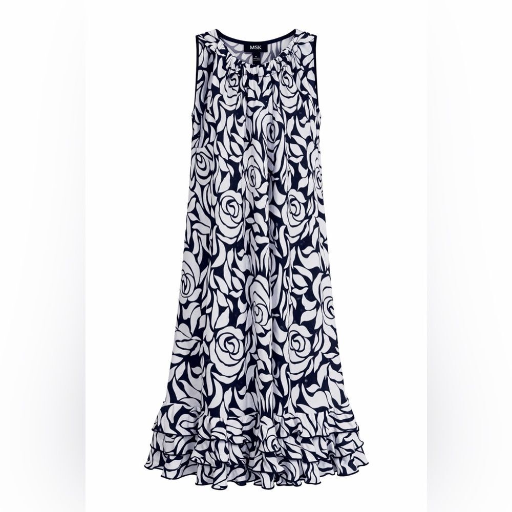 MSK Navy & White Floral spring Dress Sleeveless Ruffle Hem Size Large NWT - Picture 2 of 11